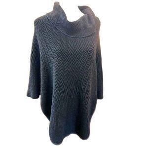 LOFT Chevron Knit Poncho Sweater Navy Gray Draped Cowl Neck Cozy Lagenlook M/L